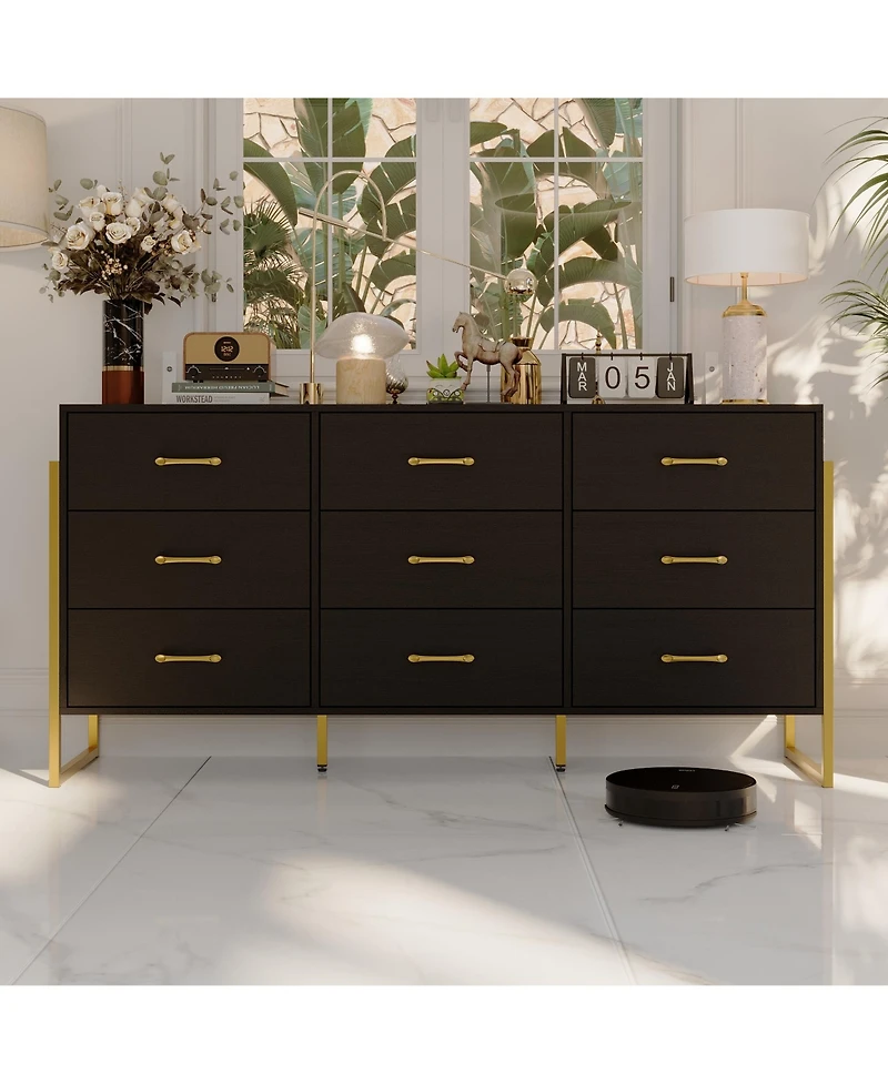Homsee White and Golden 9-Drawers Wooden Dresser without Mirror