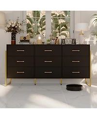 Homsee White and Golden 9-Drawers Wooden Dresser without Mirror