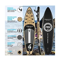SereneLife Rising Flow Inflatable Stand-Up Paddle-Board With Accessories, Wood Design