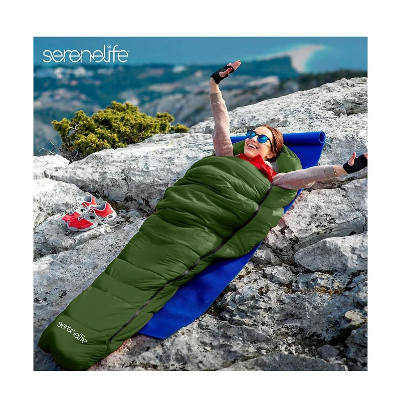 SereneLife Mummy Sleeping Bag With Travel Pillow and Compression Sack (Green)