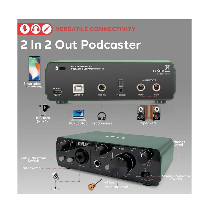 Pyle Podcasting Usb/Asio Audio Interface for Recording, Songwriting, Streaming, and Podcasting