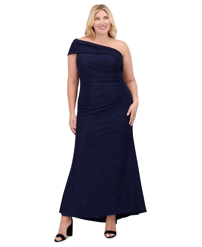 Eliza J Plus Size Metallic One-Shoulder Gown