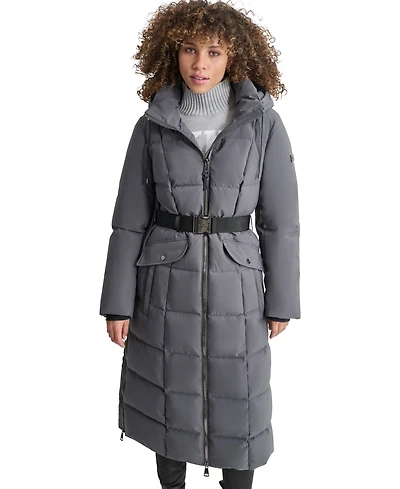 Dkny Womens Maxi Belted Hooded Puffer Coat