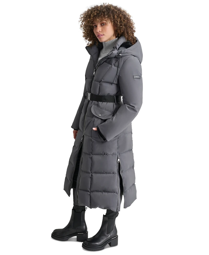 Dkny Womens Maxi Belted Hooded Puffer Coat
