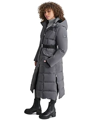 Dkny Womens Maxi Belted Hooded Puffer Coat