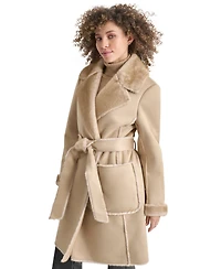 Dkny Women's Belted Notched-Collar Faux-Shearling Coat, Created for Macy's