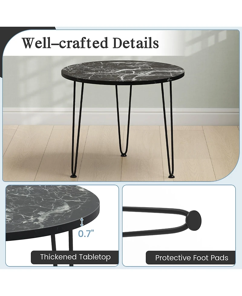 Gymax Small Round Coffee Table w/ Thickened Tabletop & Metal Tripod Legs Faux Marble Black