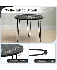 Gymax Small Round Coffee Table w/ Thickened Tabletop & Metal Tripod Legs Faux Marble Black