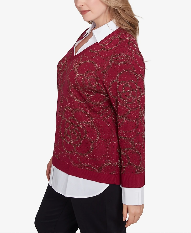 Ruby Rd. Plus Metallic Floral Layered Shirt Collar Sweater