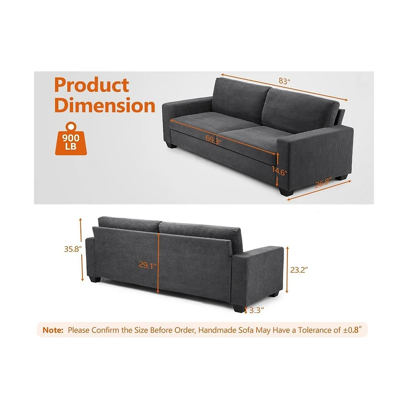 gaomon 83 Inch Couch for Living Room Sofa, 3 Seater 3 Seater Couch Modern Sofa Deep Couch, Corduroy Comfy Couch, Lounge Cozy Sofa for Living Room Apar