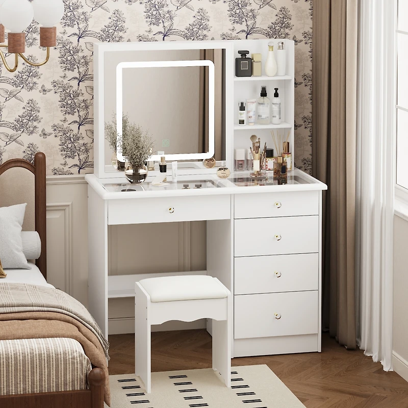 Homsee White Wood Makeup Vanity Set Dressing Desk with Glass Top