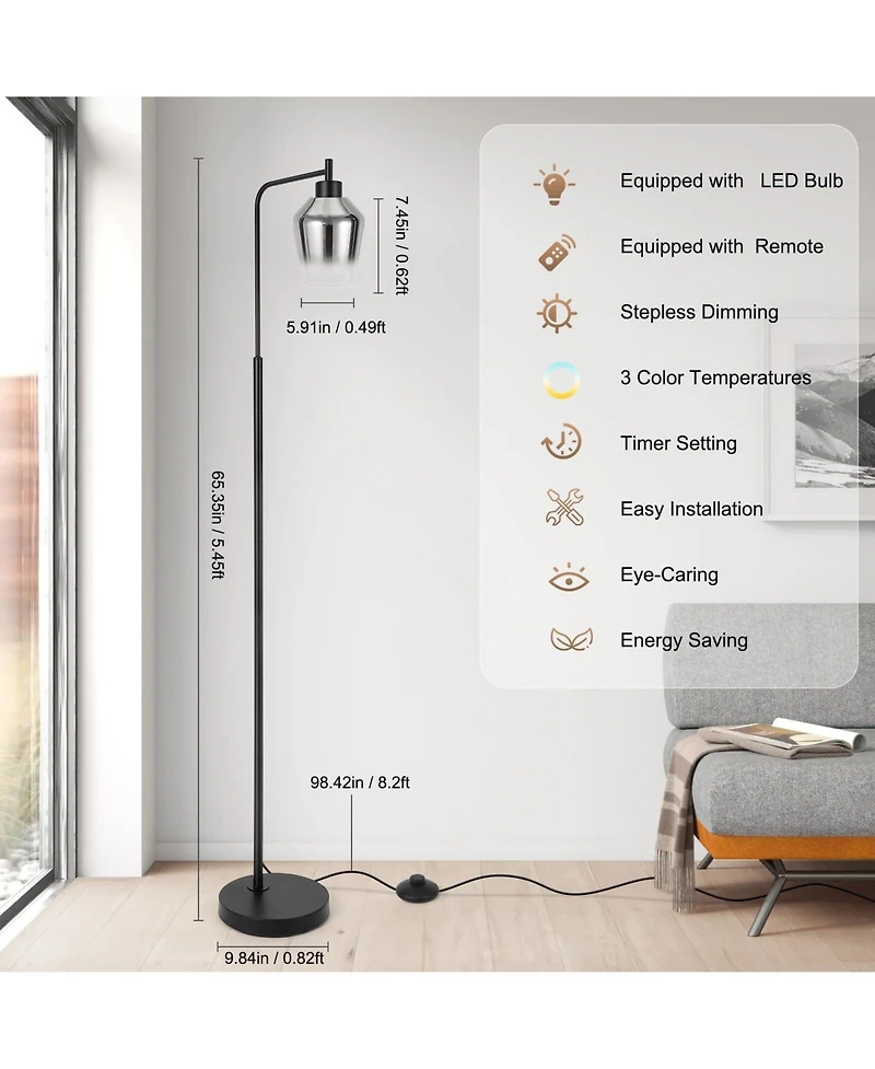 gaomon Modern 64-Inch Industrial Floor Lamp with Gradient Black Glass Shades, 8W Dimmable Led Edison Bulb, Foot Pedal & Remote Control, Warm White 300