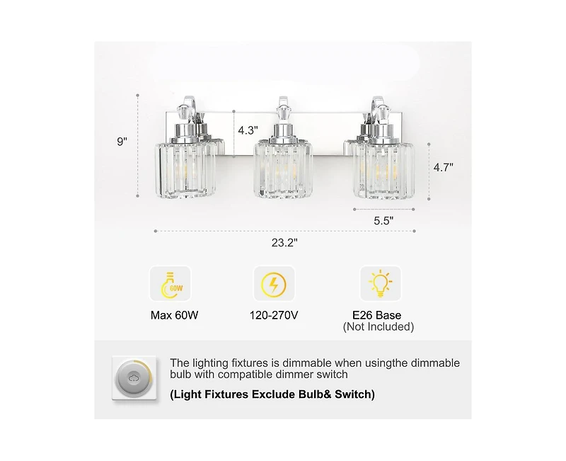 gaomon Led Modern Crystal Bathroom Vanity Lights Over Mirror, Chrome Bathroom Light Fixtures Wall Light (3-Light)