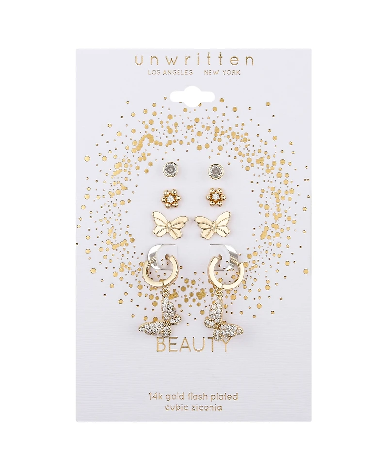 Unwritten Cubic Zirconia Flower Butterfly Hoop Stud Earring Set