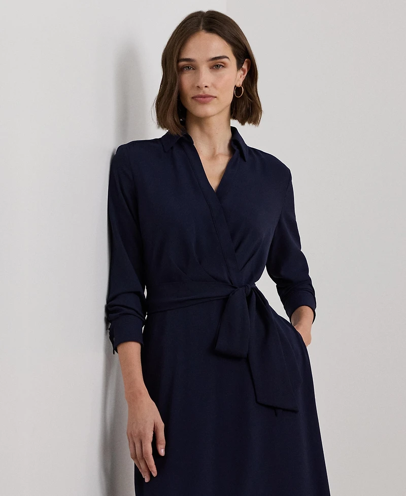 Lauren Ralph Women's Self-Belt Long-Sleeve Surplice Georgette Midi Dress
