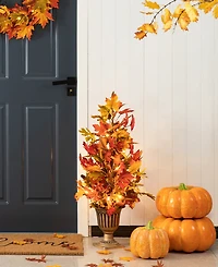 Glitzhome 36"H Fall Lighted Maple Leaves Urn Potted Porch Tree, 20 Warm Lights with Timer