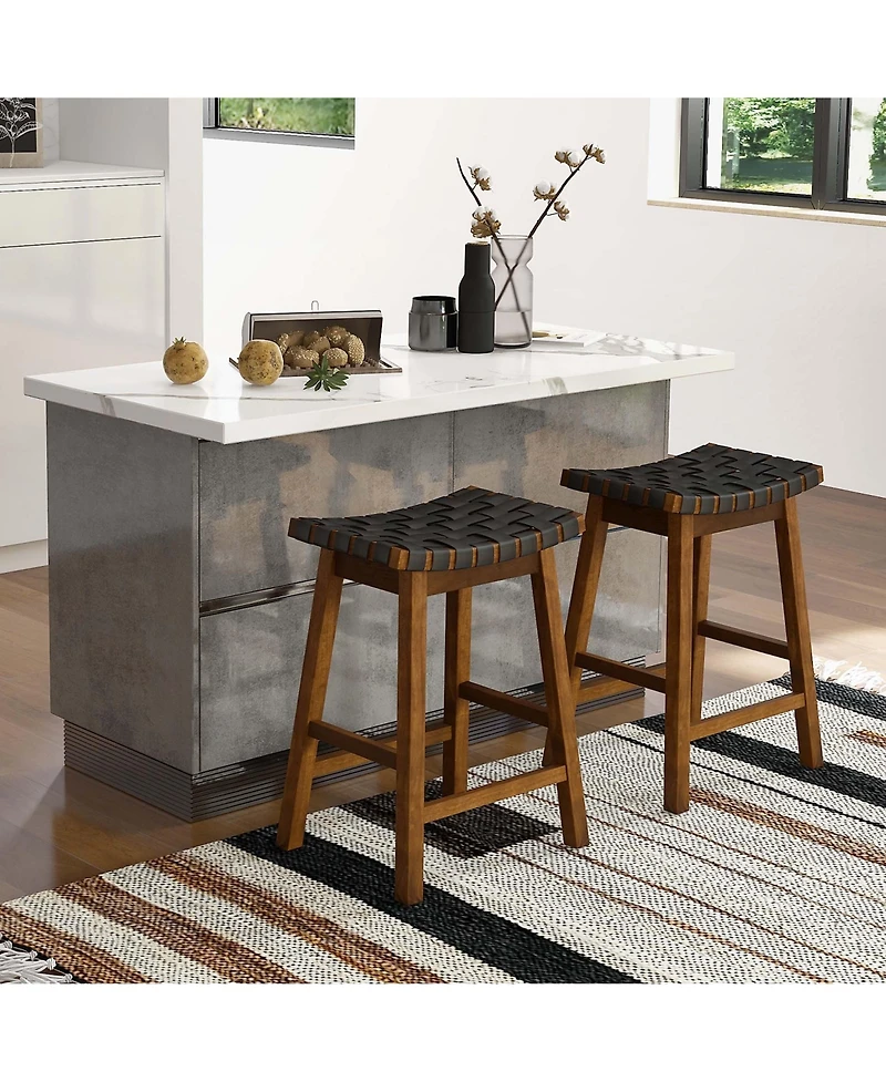 Woven Saddle Stools Set of 2 25.5'' Faux Pu Leather Counter Height Kitchen Stool