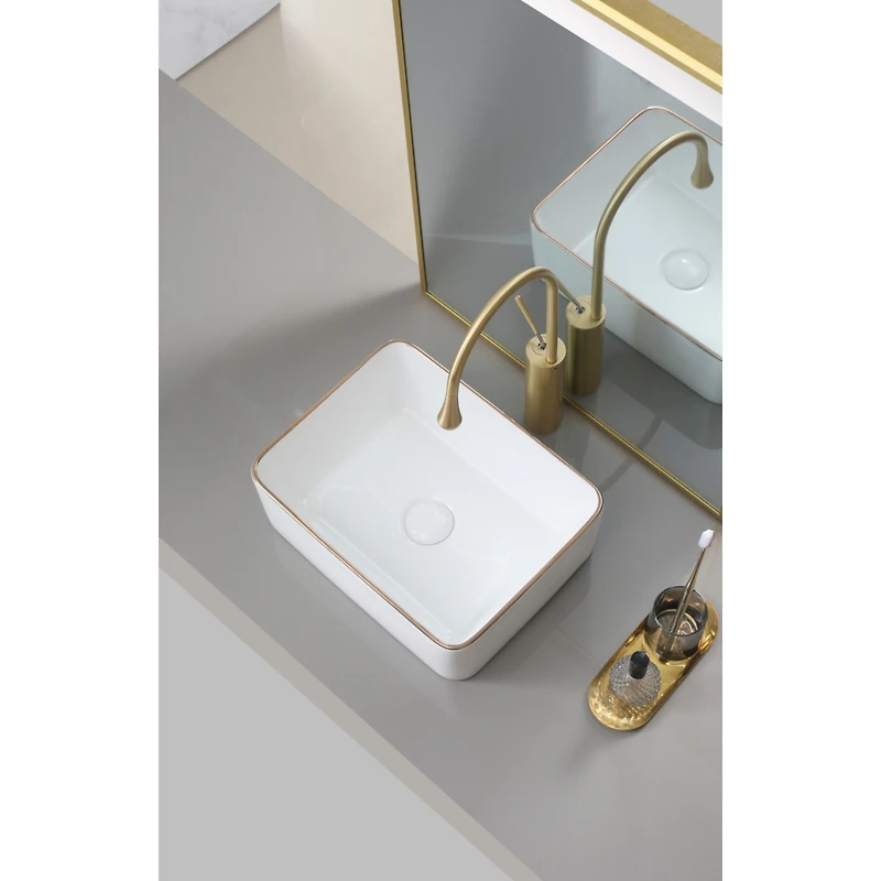 Simplie Fun White with gold trim Vessel Bathroom Sink Basin in White Ceramic Single Basin Ceramic Farmhouse Kitchen Sink with Basket Strainer