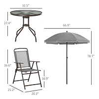 6 Piece Patio Dining Set for 4 with Umbrella, Outdoor Table and Chairs with 4 Folding Dining Chairs & Round Glass Table for Garden, Backyard and Pools