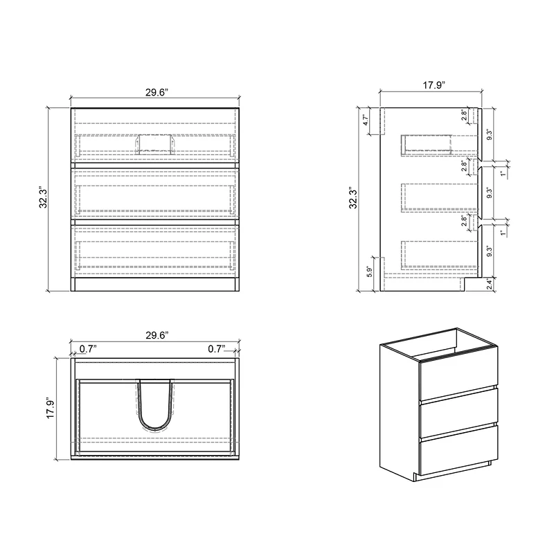 Streamdale Walnut Floor Cabinet with 3 Drawers, Pre-Assembled