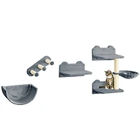 Cat Wall Shelves, 4 Pcs Cat Wall Furniture Cat Climbing Shelf with Cat Hammock, 3 Steps, Perches, Scratching Post, for Sleeping, Playing, Gray