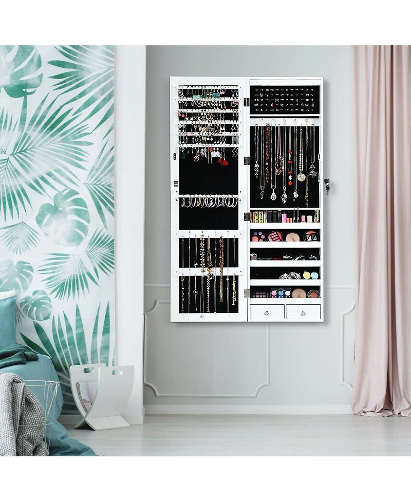 Sugift Wall Mounted Lockable Mirror Jewelry Cabinet with Led Light