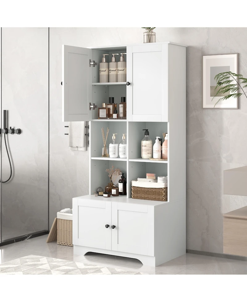 Tall and Wide Bathroom Floor Storage Cabinet, Bathroom Storage Unit, Freestanding Cabinet with 4 Doors, Adjustable Shelves, Open multi-layer Shelves