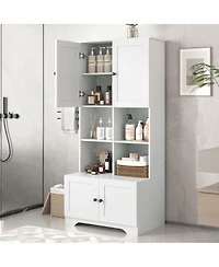 Tall and Wide Bathroom Floor Storage Cabinet, Bathroom Storage Unit, Freestanding Cabinet with 4 Doors, Adjustable Shelves, Open multi-layer Shelves