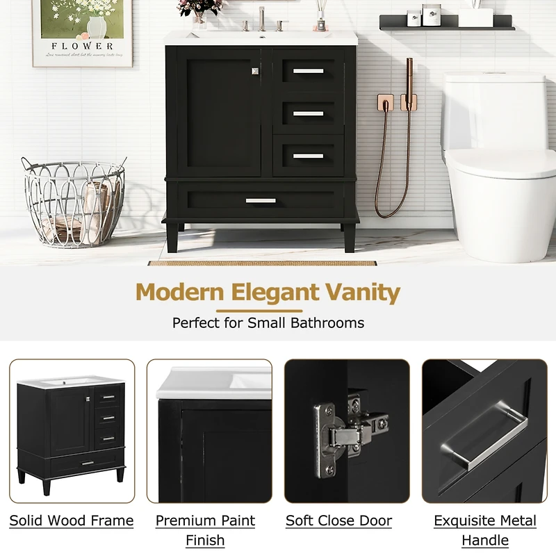 30" Bathroom Vanity, Modern Bathroom Cabinet with Sink Combo Set, Bathroom Storage Cabinet with a Soft Closing Door and 3 Drawers, Solid Wood Fra