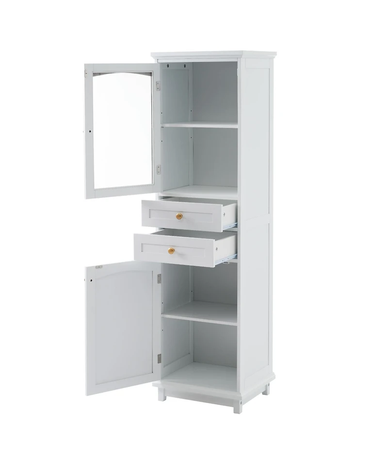 63" Tall Bathroom Storage Cabinet with Glass Doors, Free-Standing, Two Drawers, and Adjustable Shelves, Mdf Board