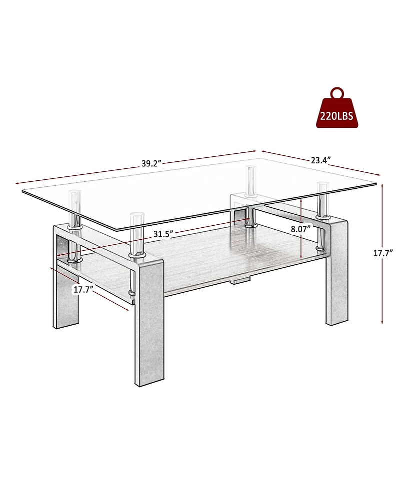 Streamdale Furniture Rectangle Coffee Table, Tempered Glass Tabletop with Mdf Layer, Modern Table for Living Room, Transparent Glass