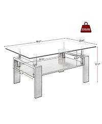 Streamdale Furniture Rectangle Coffee Table, Tempered Glass Tabletop with Mdf Layer, Modern Table for Living Room, Transparent Glass