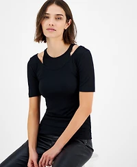 Boss Orange Women's Slim Ribbed Layered-Look Short-Sleeve Top