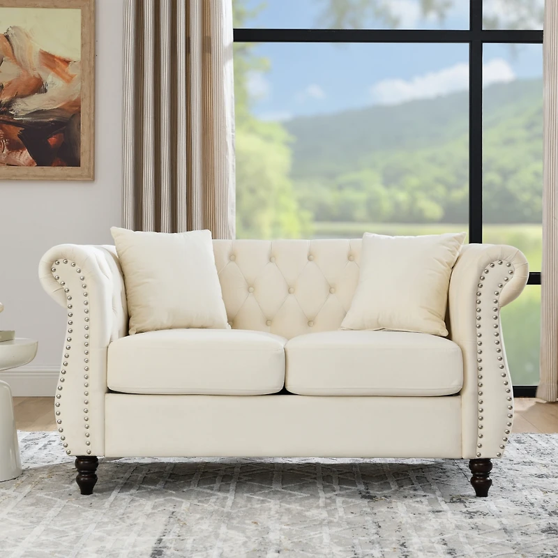 Streamdale Furniture 58.8" Chesterfield Sofa Beige Velvet for Living Room, 2 Seater Sofa Tufted Couch with Rolled Arms and Nailhead for Living Room, B
