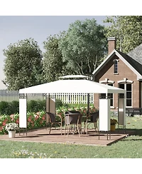 10' x 13' Patio Gazebo, Double Roof Outdoor Gazebo Canopy Shelter with Screen Decorate Corner Frame, for Garden, Lawn, Backyard and Deck, Cream White