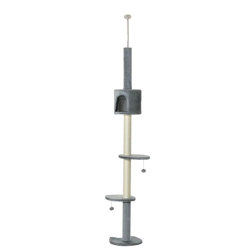 85.5" Cat Tree Height Adjustable Floor-to-Ceiling 4-Tier Kitty Climbing Activity Center Condo Cat Toy with Scratching Post Hanging Balls Play Res