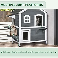 2-story Cat House Outdoor, Weatherproof Wooden Cat Enclosure for Feral Cats with Escape Door, Openable Roof, Jumping Platforms, Gray