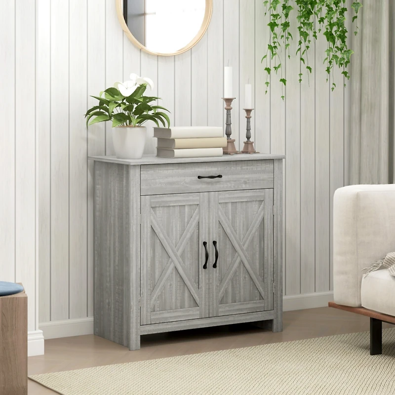 Farmhouse Sideboard Buffet Cabinet, Barn Door Coffee Bar Cabinet with Drawer and Adjustable Shelf, Kitchen Cabinet for Living Room, Entryway, Stone Gr