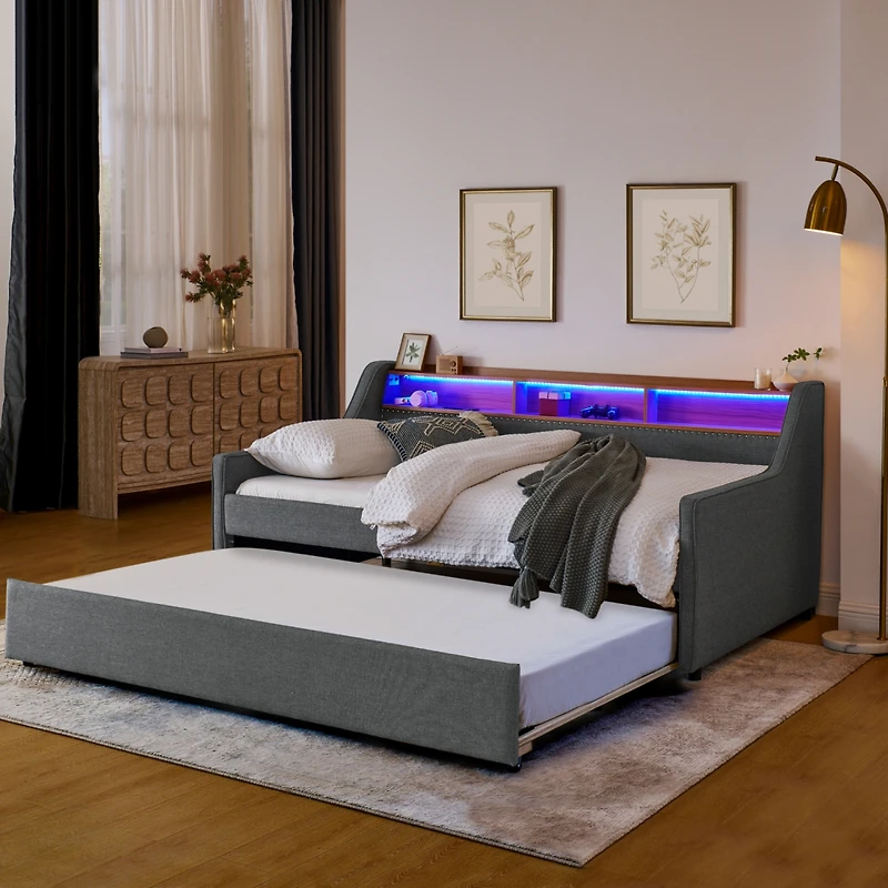 Streamdale Adjustable Linen Sofa Bed with Led Lights and Storage