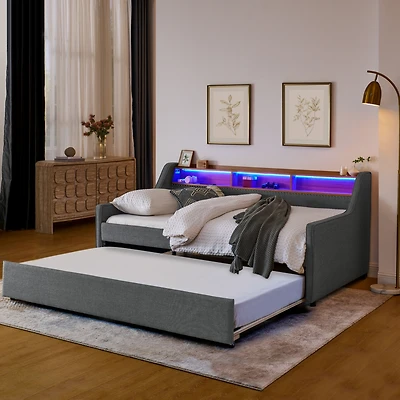 Streamdale Adjustable Linen Sofa Bed with Led Lights and Storage