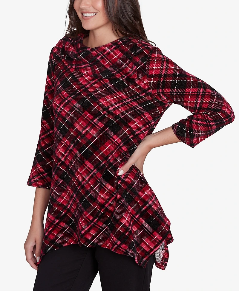 Ruby Rd. Petite Plaid Chenille Ribbed Knit Split Cowl Neck Top