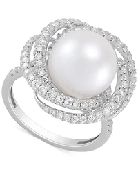 Grown With Love Cultured Freshwater Pearl (11mm) & Lab Grown Diamond (3/4 ct. t.w.) Love Knot Ring in 14k White Gold