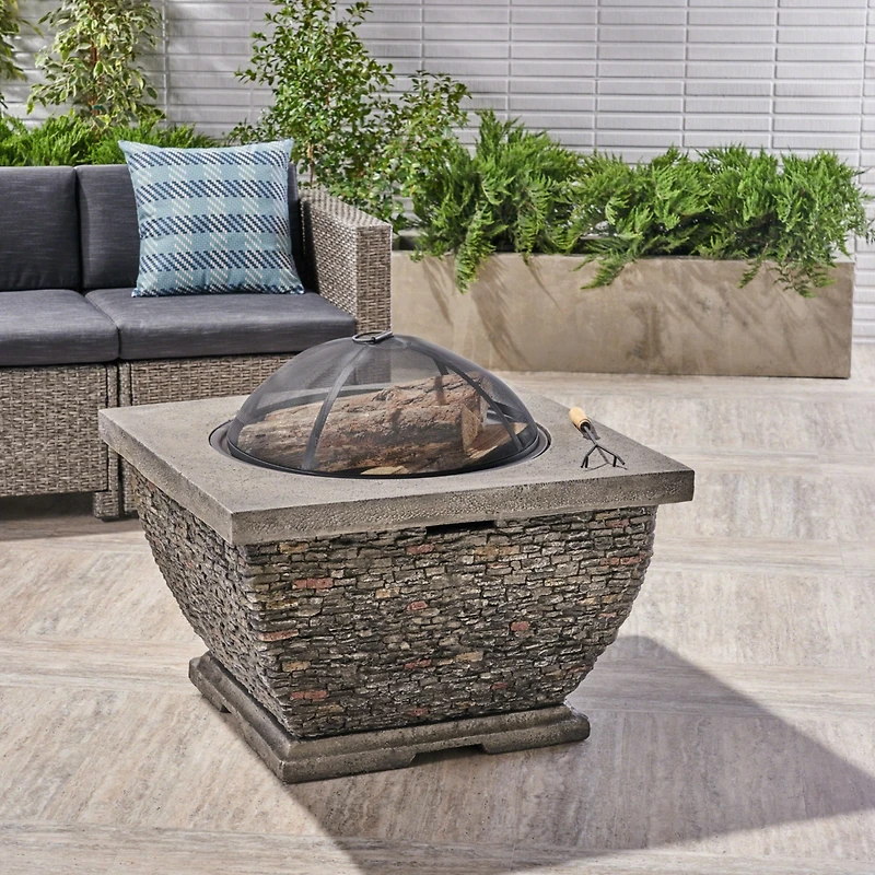 Streamdale 32" Mgo Light-Weight Concrete Wood Burning Square Fire Pit, Grey