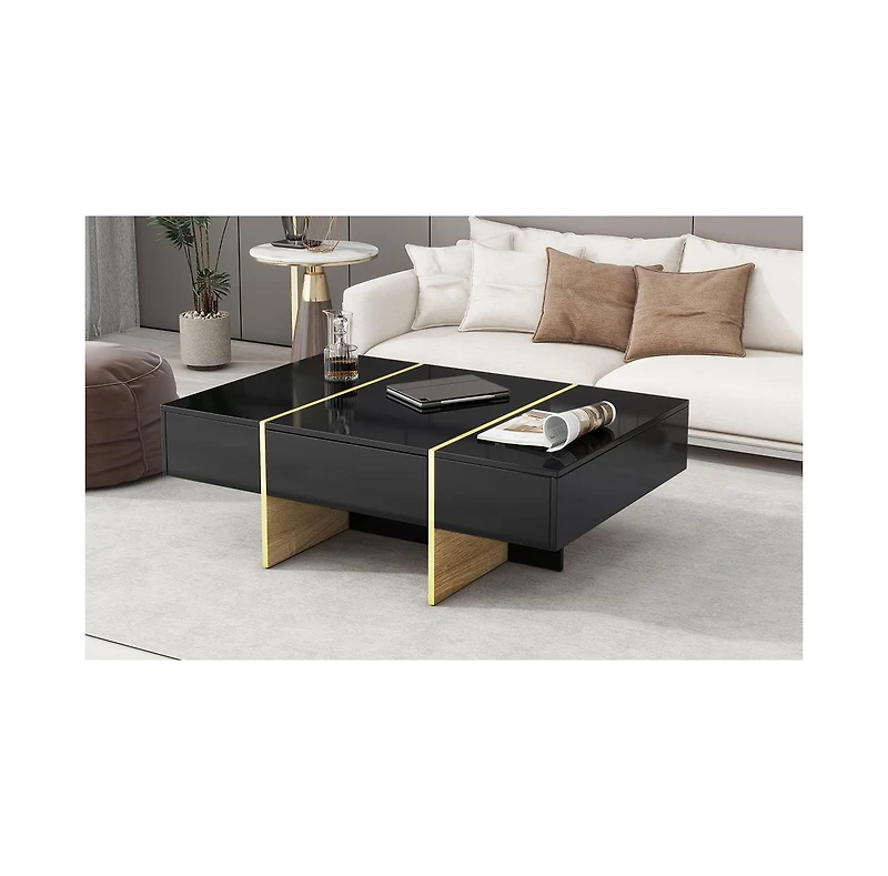 Simplie Fun 47.2" x 31.4" Minimalist High Gloss Coffee Table with 2 Drawers, Multi-Storage Rectangle Sofa Table with Golden Wood Grain Legs, Modern Ce