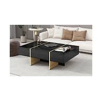 Simplie Fun 47.2" x 31.4" Minimalist High Gloss Coffee Table with 2 Drawers, Multi-Storage Rectangle Sofa Table with Golden Wood Grain Legs, Modern Ce