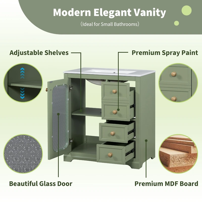 30-inch bathroom vanity with a soft close glass door, adjustable shelves, and three drawers