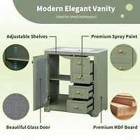 30-inch bathroom vanity with a soft close glass door, adjustable shelves, and three drawers