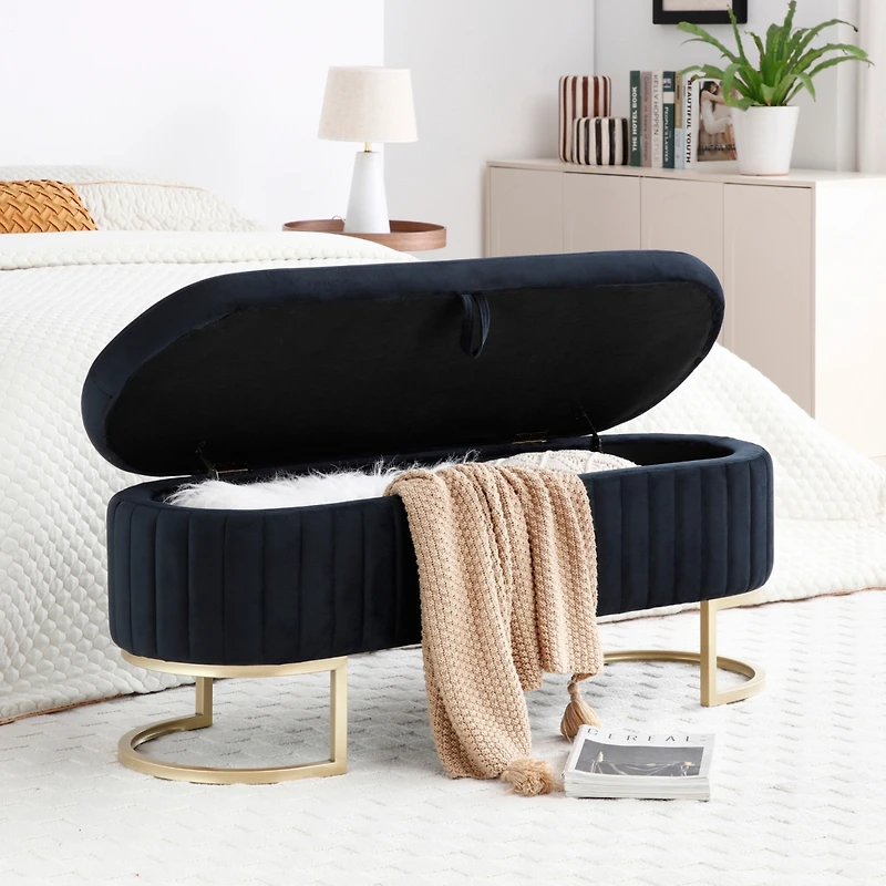 Streamdale Furniture Storage Bench Bedroom Bench, Velvet Oval Upholstered End of Bed Bench with Golden Metal Legs,50" Modern Storage Ottoman Bench for