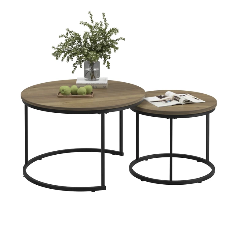 Streamdale Furniture Nesting Coffee Table Set of 2, 27.6inch Round Coffee Table Industrial Wood Finish with Sturdy Metal Frame, End Table Side Tables