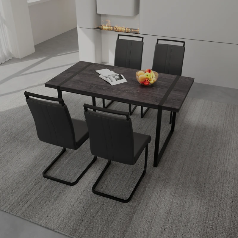 Streamdale Furniture 59" Rural Industrial Rectangular Mdf Black Dining Table Set and Pu Armless Dining Chair Set, 4 pieces. Kitchen Black Metal Table